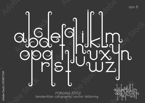 Vector alphabet set. Lowercase letters with decorative flourishes in the Art Nouveau forging style. White letters on black background.