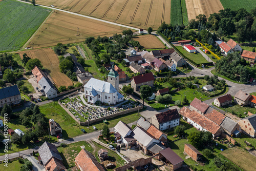 aerial view of the village and harvest fields