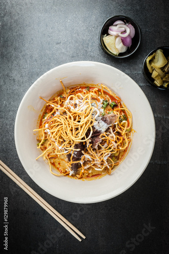 Khao soi, Khao Soi Recipe, Northern Style Curried Noodle Soup with coconut milk, Northern Thai cuisine.