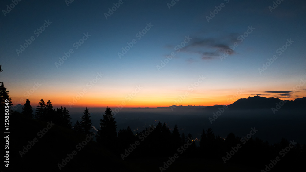 Sunset over the valley in the mountain