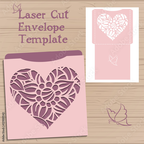 Lasercut vector wedding invitation template. Wedding invitation envelope with flowers for laser cutting. Lace gate folds.Laser cut vector.