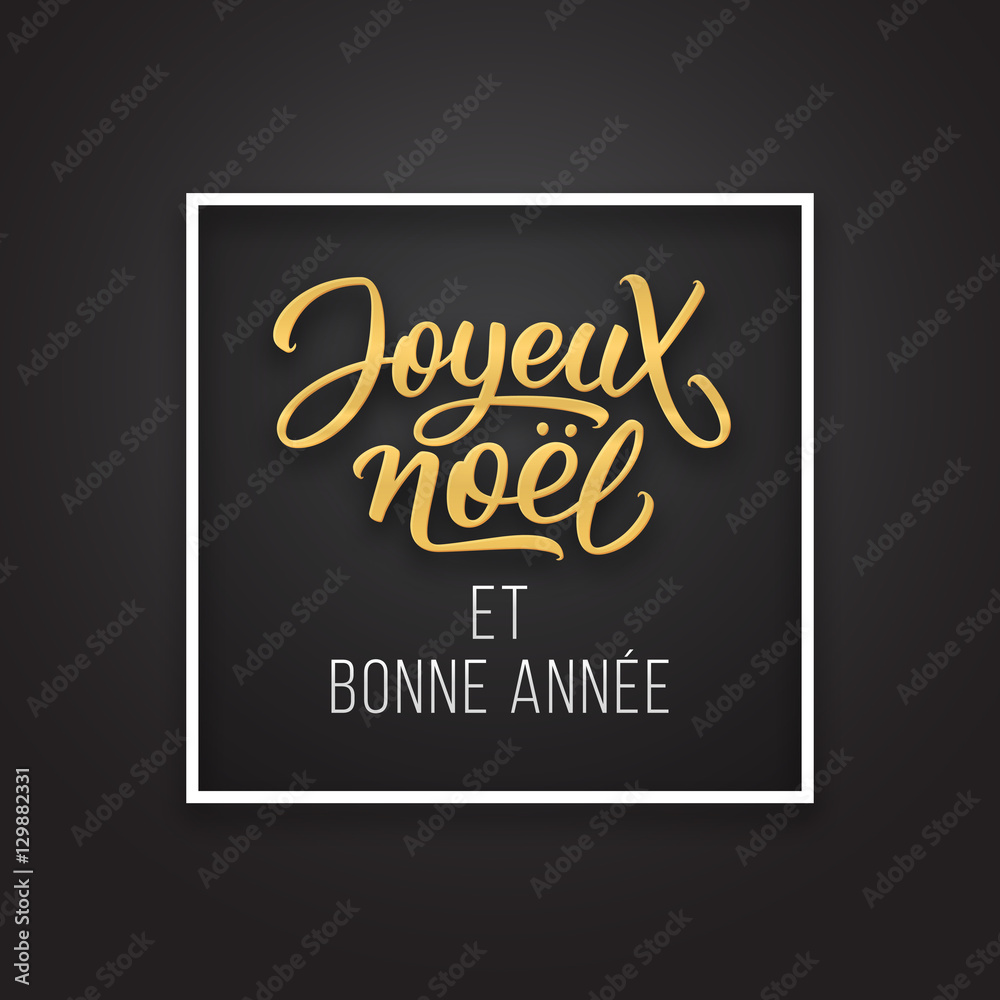 Joyeux Noel et Bonne Annee greetings on french in frame on luxury black and golden color background. Premium vector illustration with typographic text for Merry Christmas card design