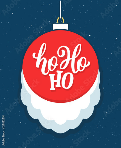 Ho-Ho-Ho lettering on red Christmas ball with white Santa's beard. Vector greeting card for winter season greetings