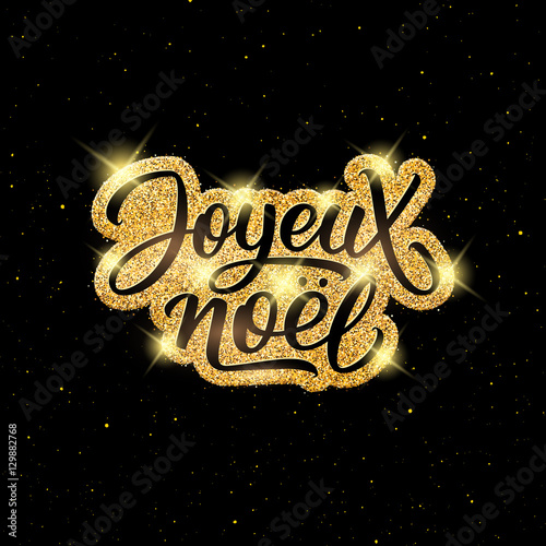 Joyeux Noel text on golden labek over black background with yellow glitters. Vector illustration for Christmas season greetings.