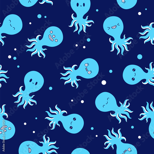 Seamless vector pattern of  blue octopus with different emotions