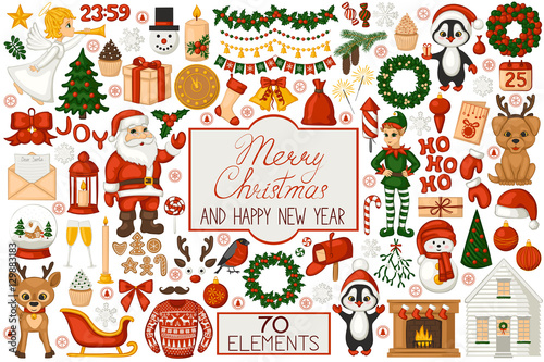 Christmas set in cartoon style. Cute Santa, elf, penguin, angel and reindeer. Christmas tree, fireplace, bells, balls, candles, gifts and other Christmas symbols. Isolated icons on white background.