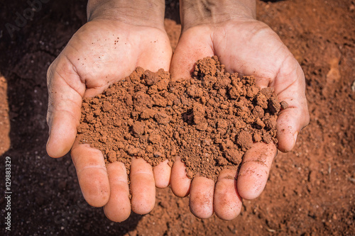 Red dry soil on hands in the drought land.