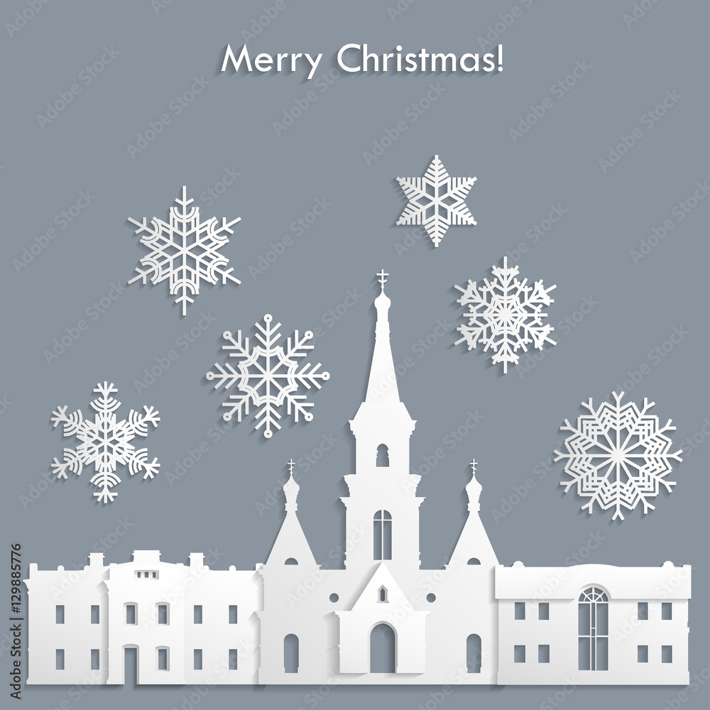 Template for Christmas postcard, invitation, poster. The old houses and church cut out from white paper and snowflakes on gray background. Template for Christmas postcard, invitation, poster. The old houses and church cut out from white paper and snowflakes on gray background.