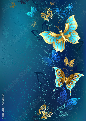 Golden butterflies on a blue background