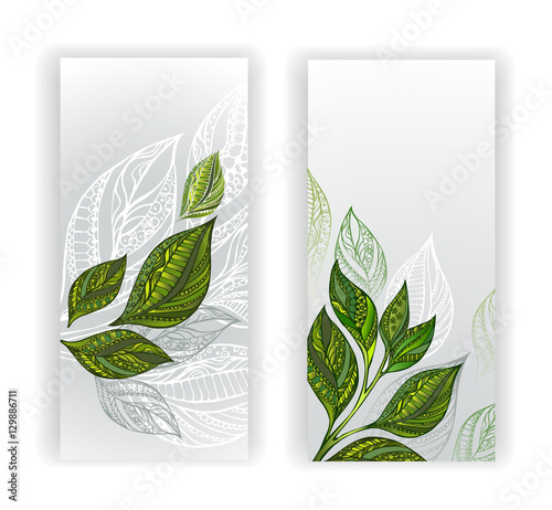 Two banners with patterned leaves of tea