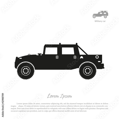 Black silhouette of military car on white background. War SUV in