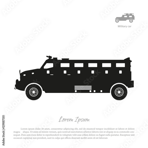 Black silhouette of military car on white background. War SUV in