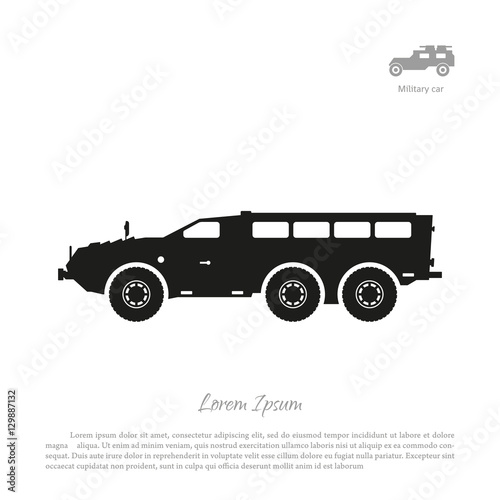 Black silhouette of military car on white background. War SUV in