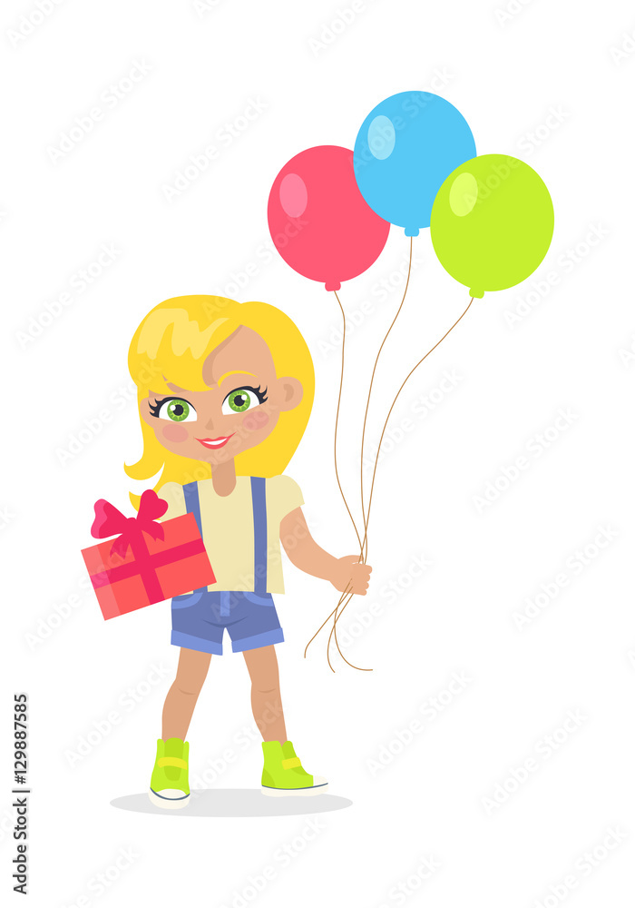 Young Girl with Balloons and Present Box Isolated Young Girl with Balloons and Present Box Isolated