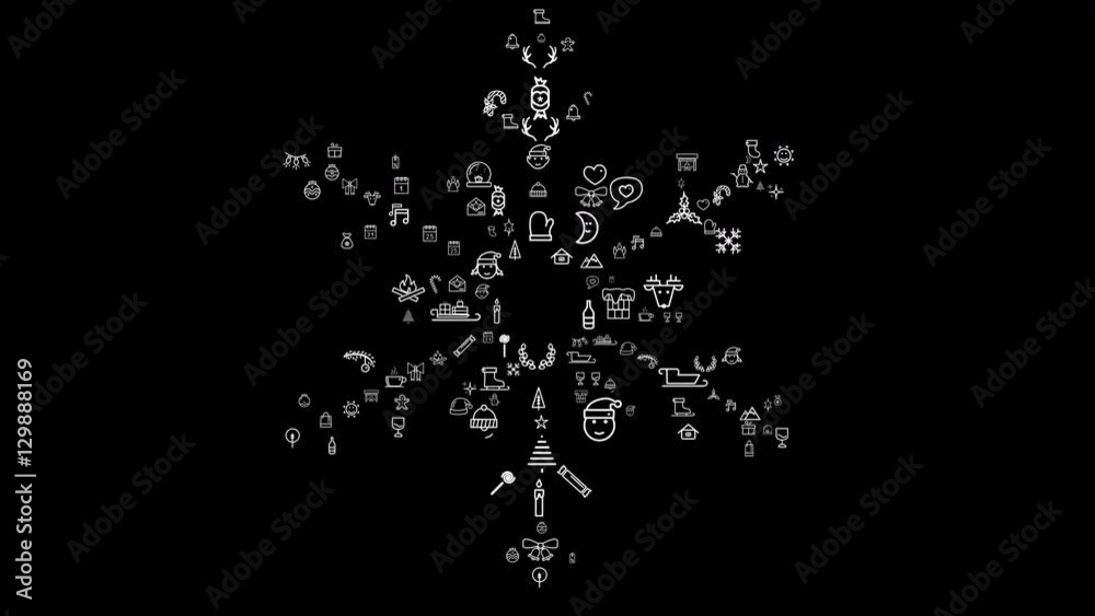 Animated snowflake made from a variety of Christmas icons.Pre-rendered with alpha channel. To use elements and customize color you can use all non-linear editing tools. Merry Christmas! Animated snowflake made from a variety of Christmas icons.Pre-rendered with alpha channel. To use elements and customize color you can use all non-linear editing tools. Merry Christmas!