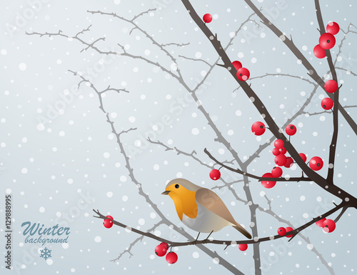 Winter card with bird sitting on bare branch