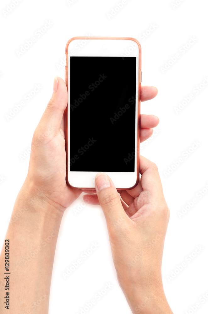 Hand holding White Smartphone with blank screen on white background. Hand holding White Smartphone with blank screen on white background.