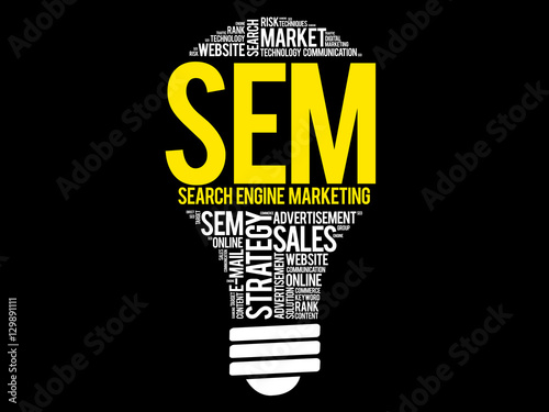 SEM (Search Engine Marketing) bulb word cloud collage, business concept background