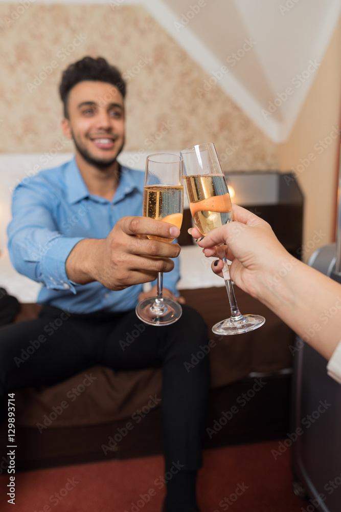 Latin Businessman Clink Champange Glass Cheers Sitting At Bed Room With Businesswoman Business Man Woman Lovers Hotel