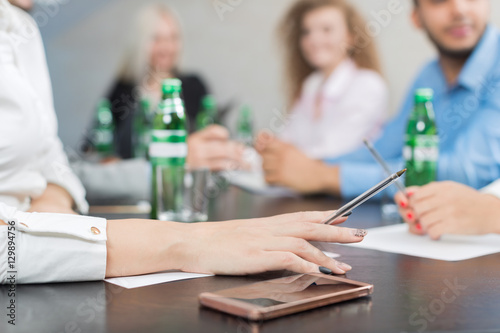 Business People Group Sit At Office Desk Meeting, Young Smiling Businesspeople Team Conference Discussion Project Mix Race People Cooperation