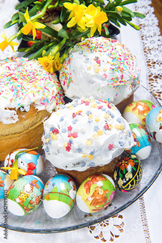 Easter cakes decorated colorful sugar candies