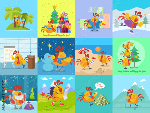 Rooster Bird Adventures Set. Greeting Cards