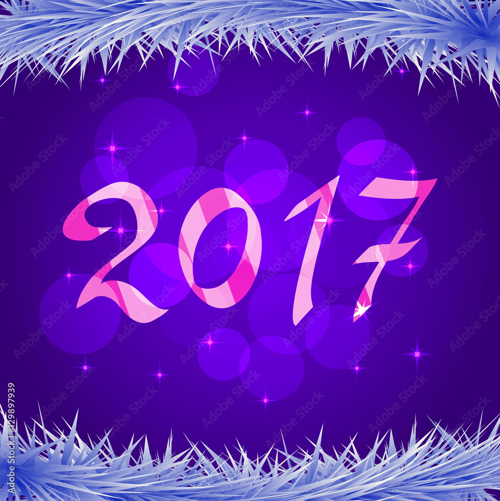 2017 for New year and Christmas with fir-tree branches with the snow.Vector a banner with a snowflake bokeh.Design element for leaflets, banners for the websites, greeting cards.