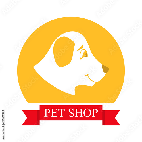 Pet Shop Logo.Vector an illustration with a muzzle of a dog and the text.Veterinary clinics and homeless animals shelters.Badges for websites and prints.Head of  dog.Animal labels.