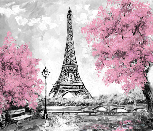 Oil Painting, Paris. european city landscape. France, Wallpaper, eiffel tower. Black, white and pink, Modern art
