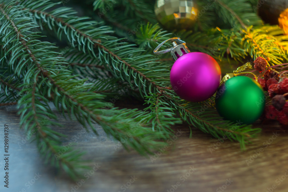 Christmas decorations on a wooden background