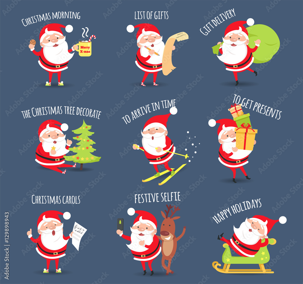 Santa Activities. Christmas Happy Holidays. Vector