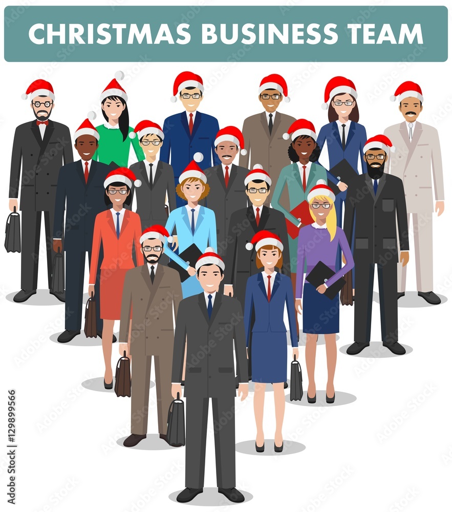 Christmas business team. Group of business men and women standing together in Santa Claus hats on white background in flat style. Teamwork concept. Different nationalities and dress styles. Christmas business team. Group of business men and women standing together in Santa Claus hats on white background in flat style. Teamwork concept. Different nationalities and dress styles.
