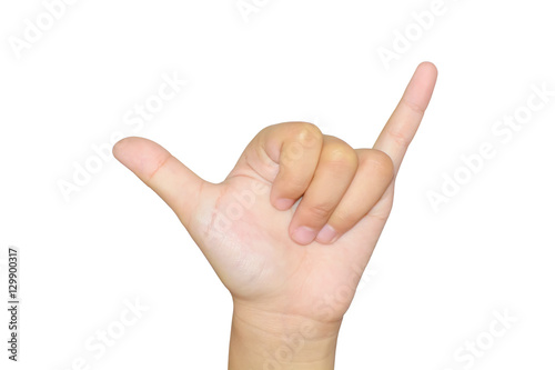 Girl finger shaka sign on a white backgrounds.