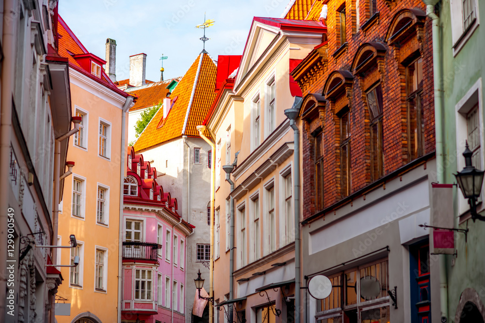 Street view with gate tower in the old town of Tallinn, Estonia