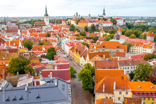Aerial view on the old town of Tallin on the cloudy weather, Estonia