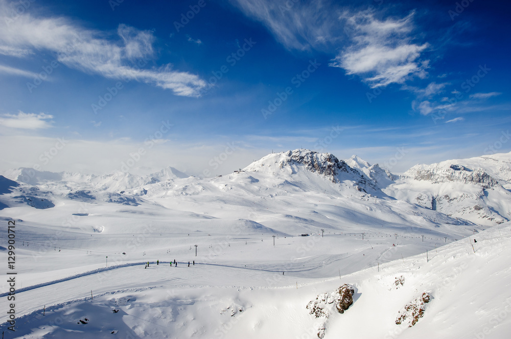 Alpine winter mountain landscape. French Alps with snow.