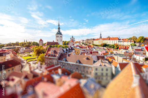 Cityscape aerial view on the old town with saint Nicholas church tower and Toompea hill in Tallin, Estonia photo