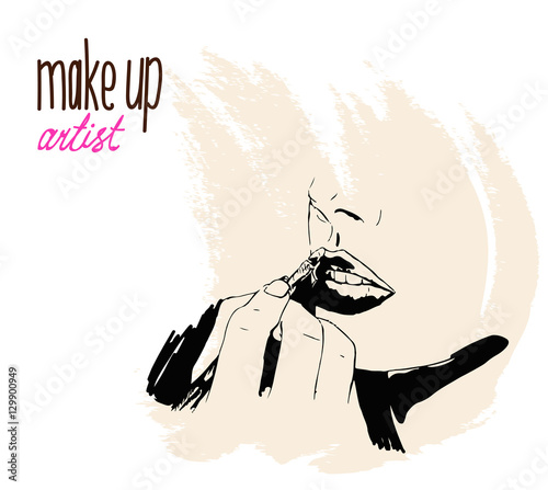Woman visagist makeup artist paints on the face of his client. Illustration 
