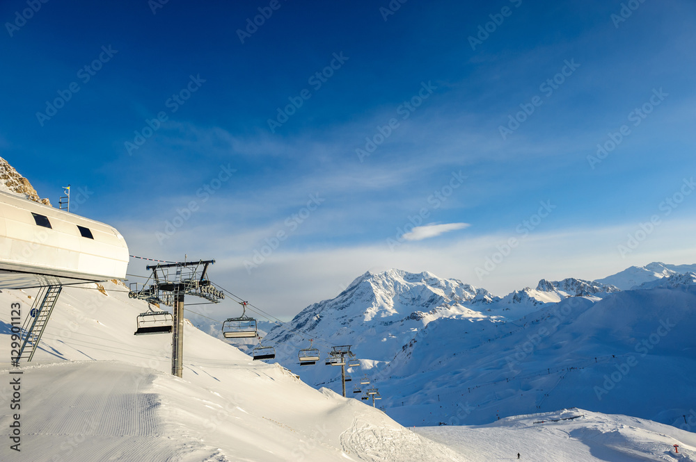 Ski lift in mountains at winter