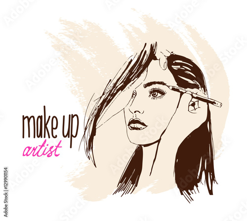 Woman visagist makeup artist paints on the face of his client. Illustration 