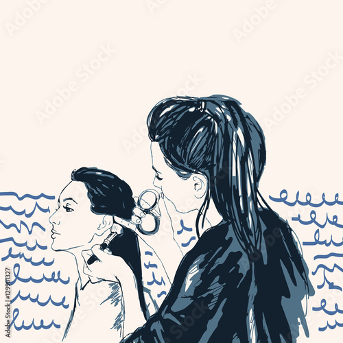 Woman visagist makeup artist paints on the face of his client. Illustration 
