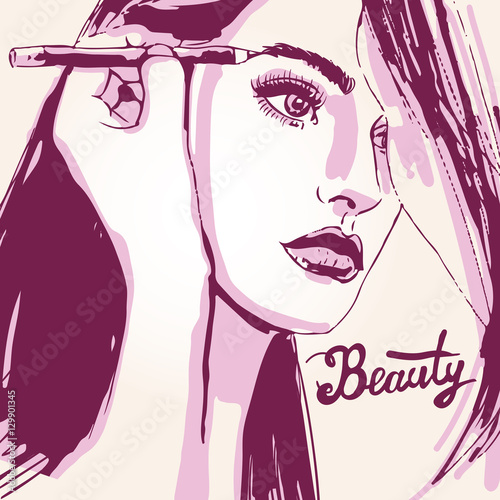 Woman visagist makeup artist paints on the face of his client. Illustration 
