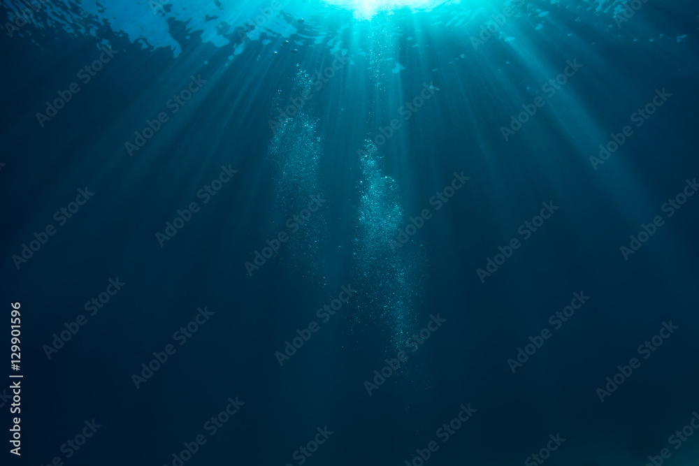 Air bubbles underwater in deep blue ocean with sunrays and water surface - obrazy, fototapety, plakaty 