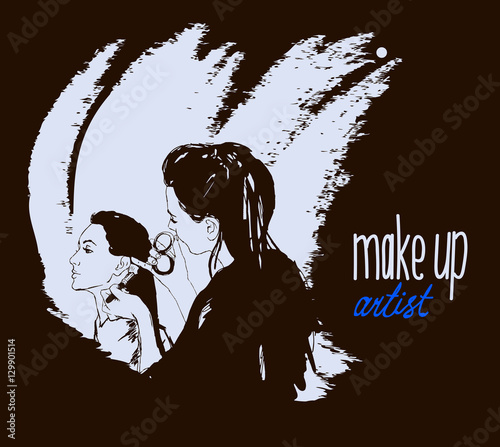 Woman visagist makeup artist paints on the face of his client. Illustration 
