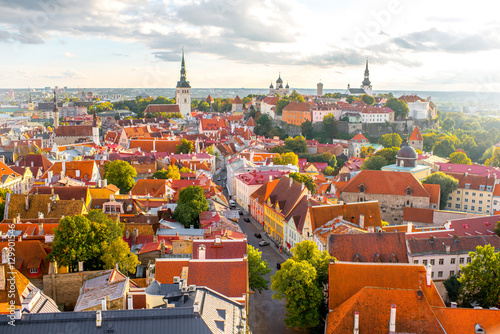 Aerial view from church tower on the old town of Tallinn on the sunset in Estonia