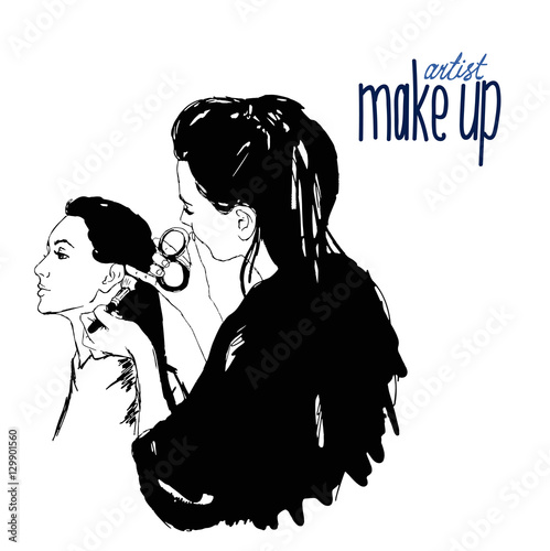 Woman visagist makeup artist paints on the face of his client. Illustration 