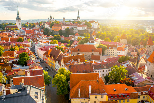 Aerial view from church tower on the old town of Tallinn on the sunset in Estonia