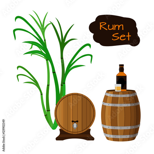 Rum set. Sugar cane, helm, barrels, glass, bottle of rum.