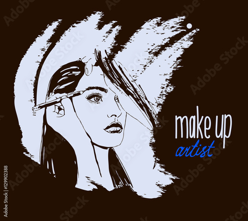 Woman visagist makeup artist paints on the face of his client. Illustration 
