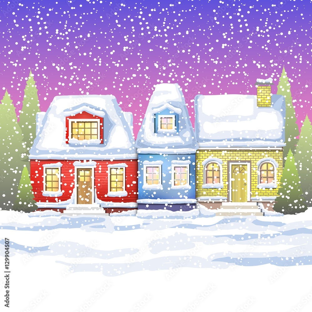 three small houses in the winter countryside. winter card